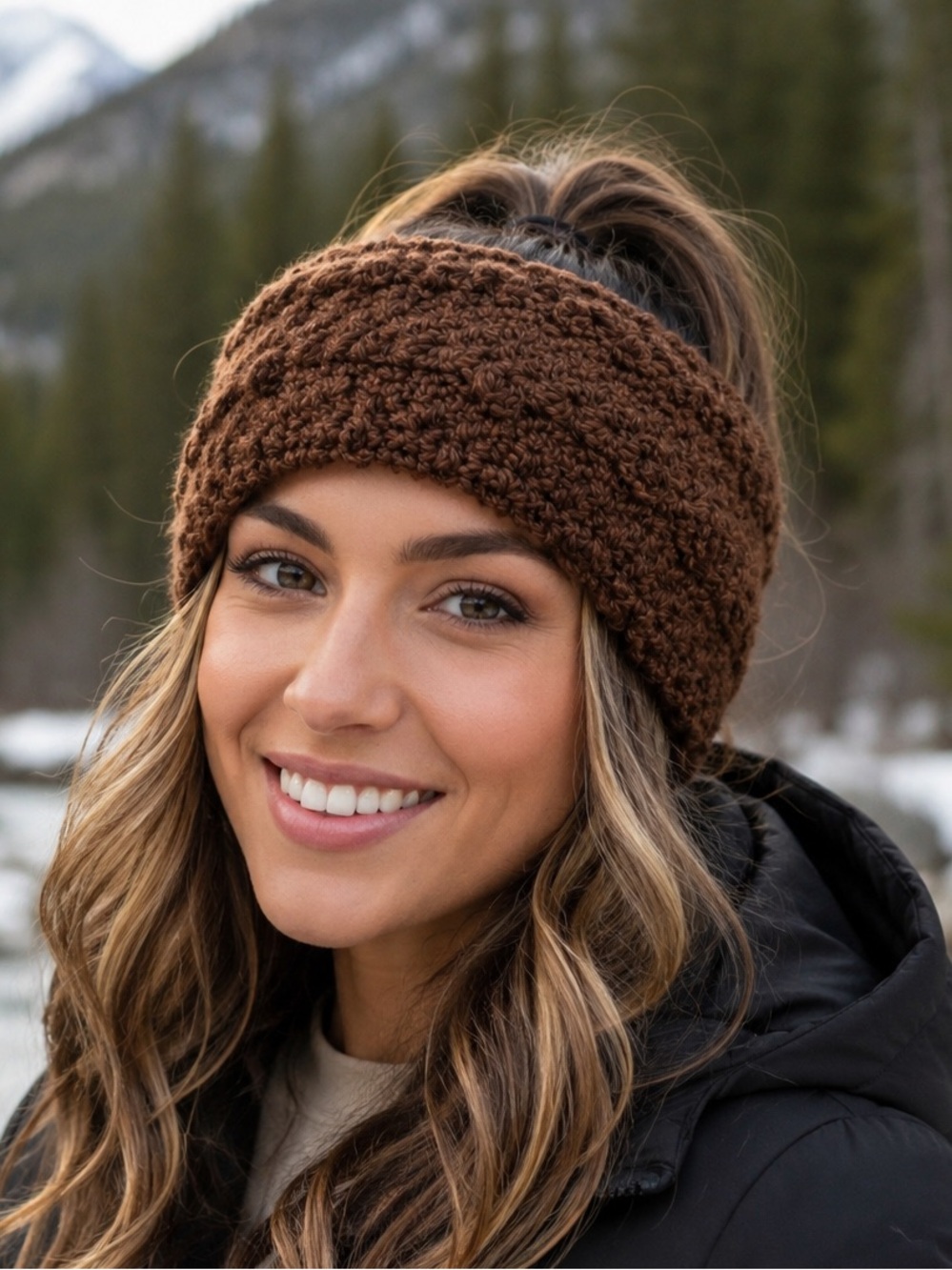 Pugs-  Brown Knit Headband Fleece Lined Ear Warmer